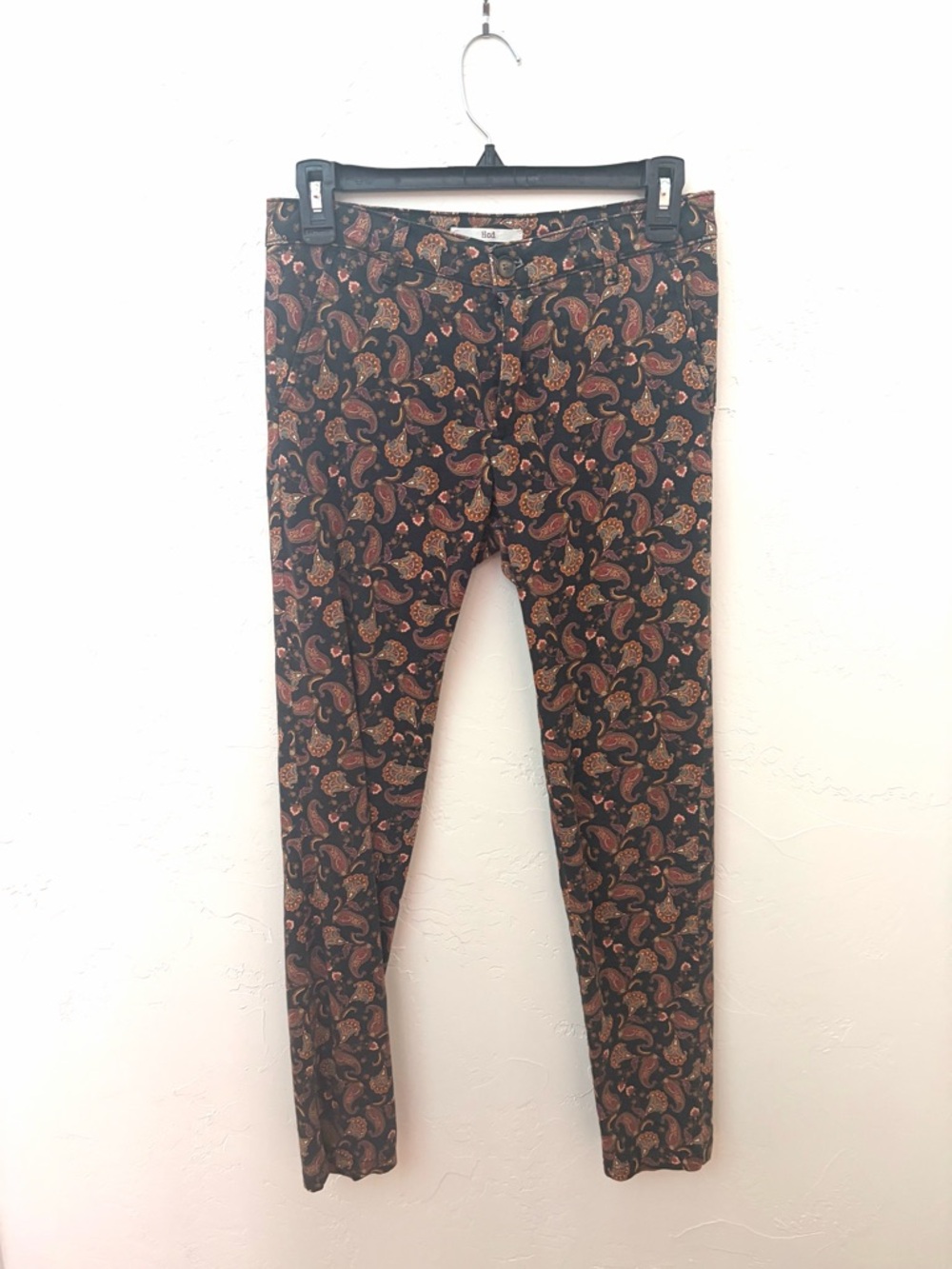 Paisley Print Skinny Pants - Black with Rust & Olive